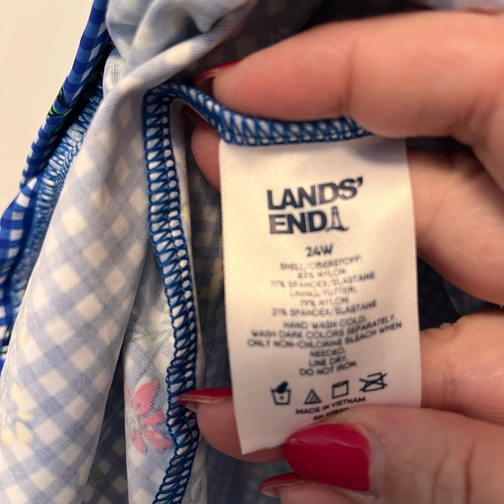 Lands' End Blue Checkered Floral swim top - Picture 3 of 3